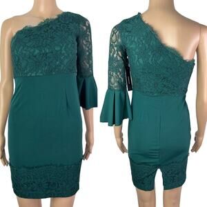 New Lulus Bodycon One Shoulder Lace Emerald Green Party Cocktail Mini Dress